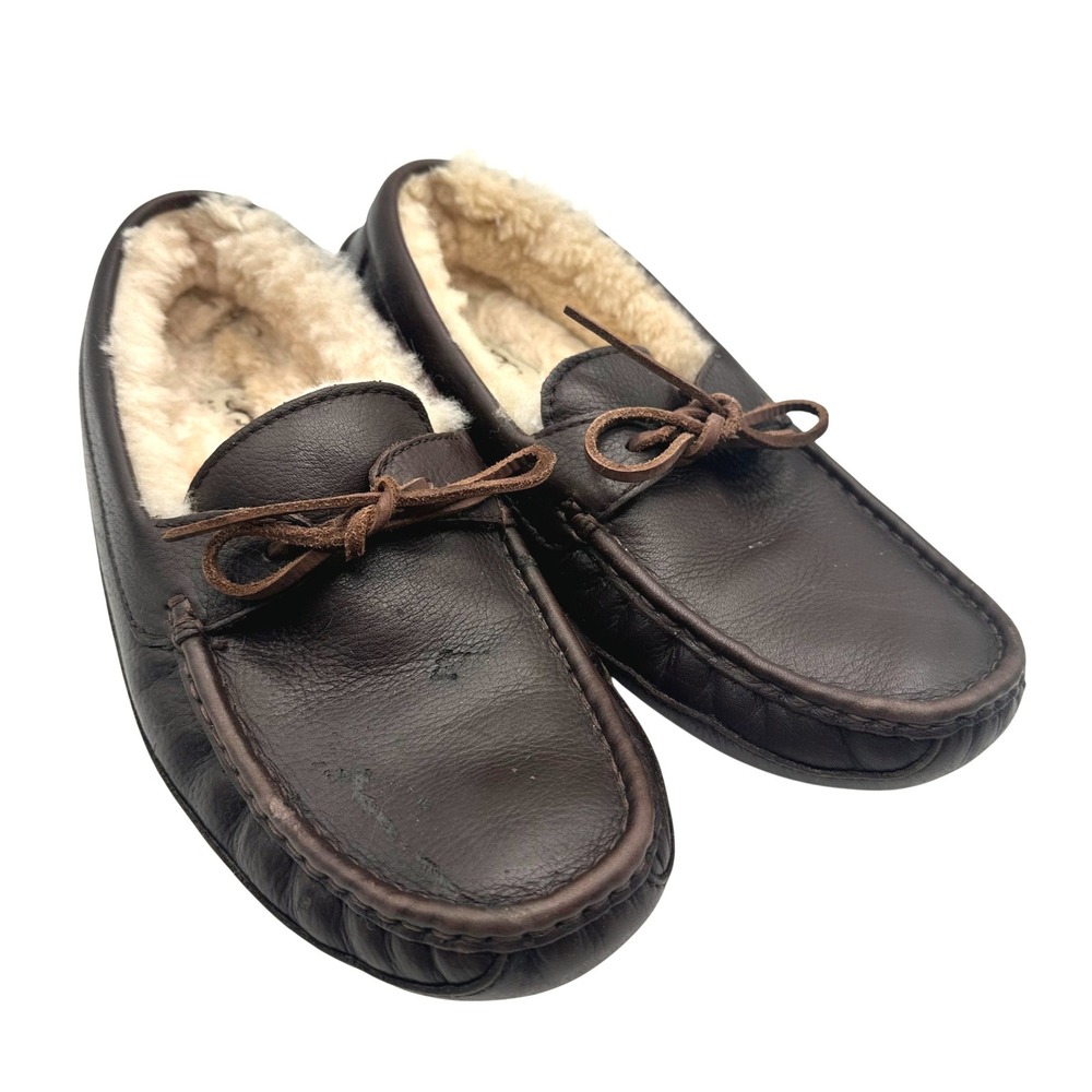 UGG Australia Ascot Leather Slippers Mens 10 Brown Shearling Moccasins Loafers
